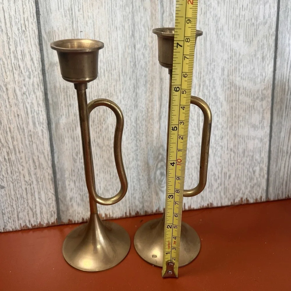 2 Vintage Brass Candlesticks Horn Shaped Made in Taiwan | 1960s 1970s